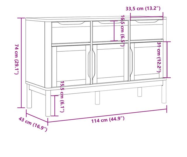 FLORO szürke tömör fenyőfa tálalószekrény 114 x 43 x 74 cm