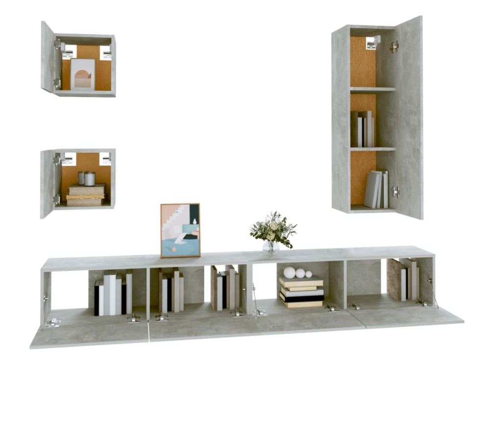 TV omarica set, 5 kosov, betonsko siva, konstruiran les - 4