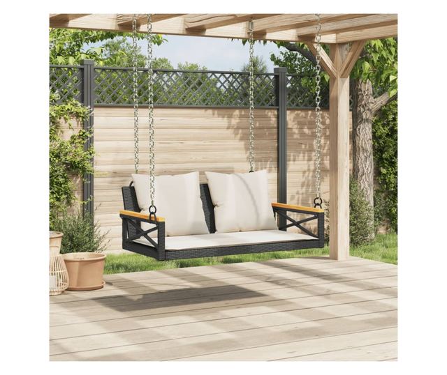 fekete polyrattan hintapad párnákkal 109 x 62 x 40 cm