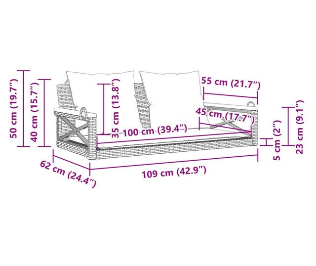 fekete polyrattan hintapad párnákkal 109 x 62 x 40 cm