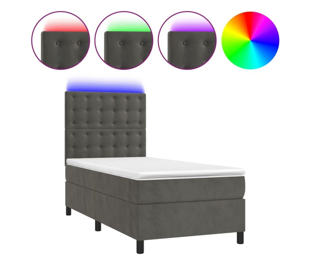 Легло с пружини, матрак и LED, тъмно сиво, 90x200 см, кадифе - 2
