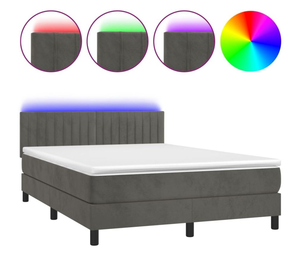 Легло с пружини, матрак и LED, тъмносиво, 140x190 см, кадифе - 2