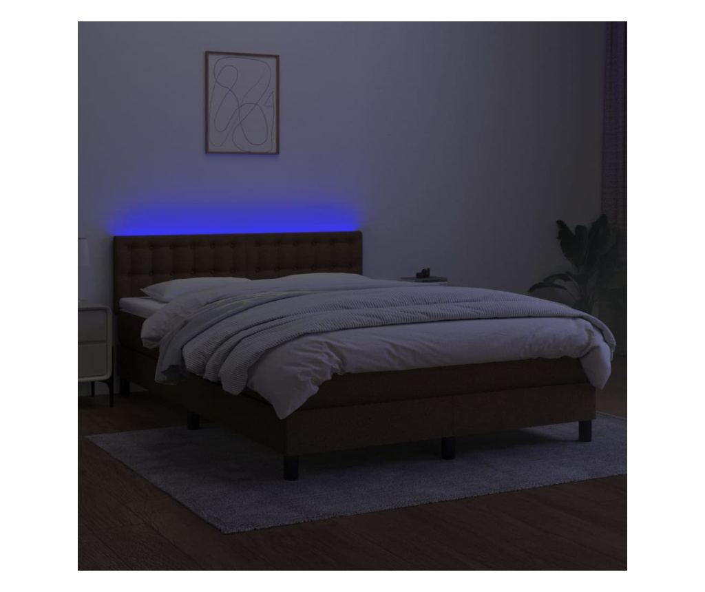 Bed with springs, mattress and LED, dark brown, 140x190 cm, textile - 4