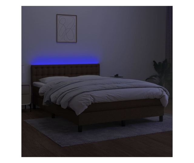 Легло с пружини, матрак и LED, тъмнокафяво, 140x190 см, текстил