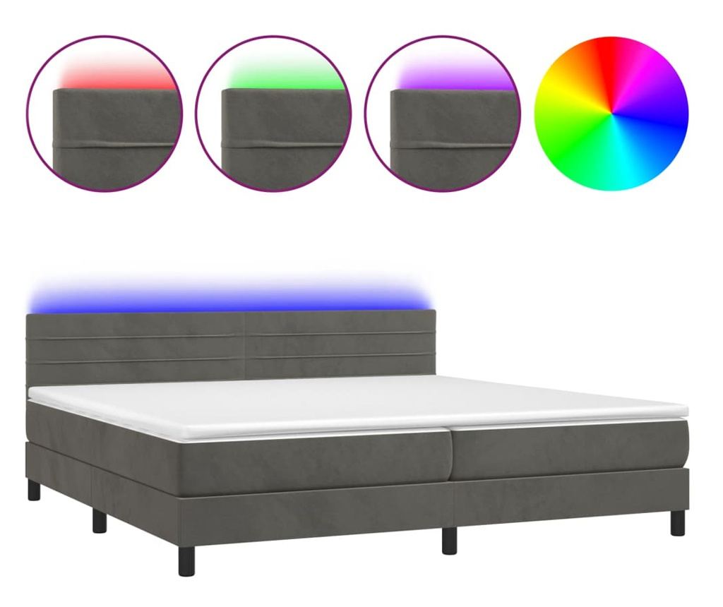 Легло с пружини, матрак и LED, тъмносиво, 200x200 см, кадифе - 2