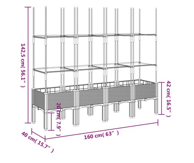 szürke polipropilén rácsos kerti ültetőláda 160 x 40 x 142,5 cm