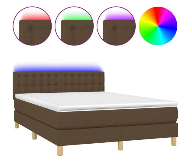 Пружинно легло с матрак и LED, тъмнокафяво, 140x190 см, текстил