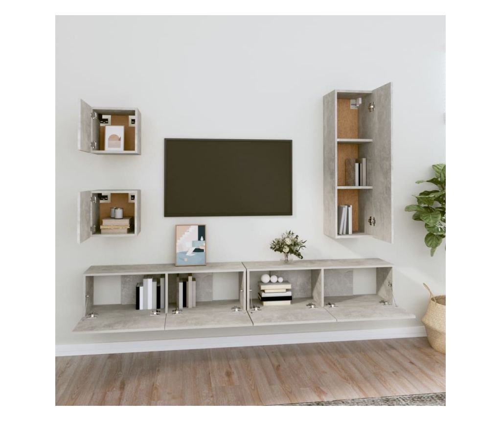 TV omarica set, 5 kosov, betonsko siva, konstruiran les - 3