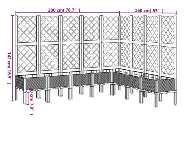 világosszürke PP rácsos kerti ültetőláda 200 x 160 x 142 cm