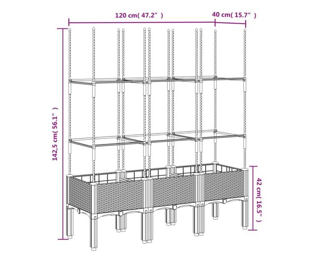 szürke polipropilén rácsos kerti ültetőláda 120 x 40 x 142,5 cm