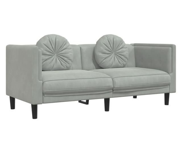 2 személyes világosszürke bársony kanapé párnával