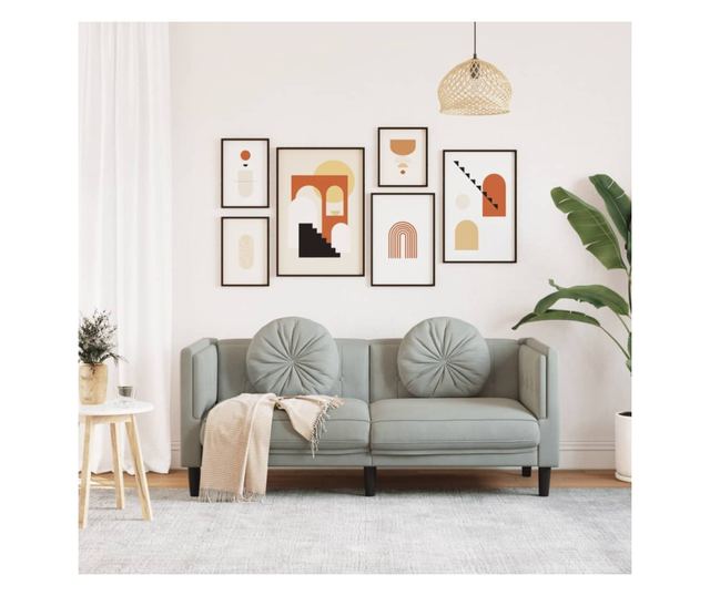 2 személyes világosszürke bársony kanapé párnával