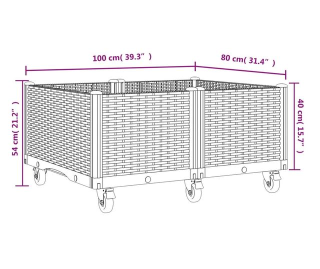 szürke polipropilén rácsos kerekes ültetőláda 100 x 80 x 54 cm