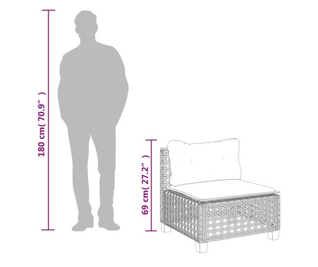 fekete polyrattan karfa nélküli kerti kanapé párnával