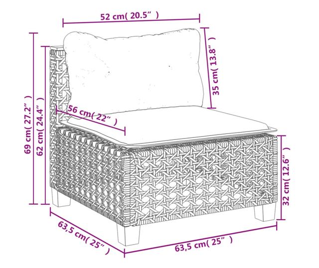 fekete polyrattan karfa nélküli kerti kanapé párnával