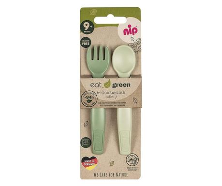 Set tacamuri Eat Green pentru bebelusi, lingurita si furculita, din plastic bio, lavabile in masina de spalat vase, 9+ luni, nip