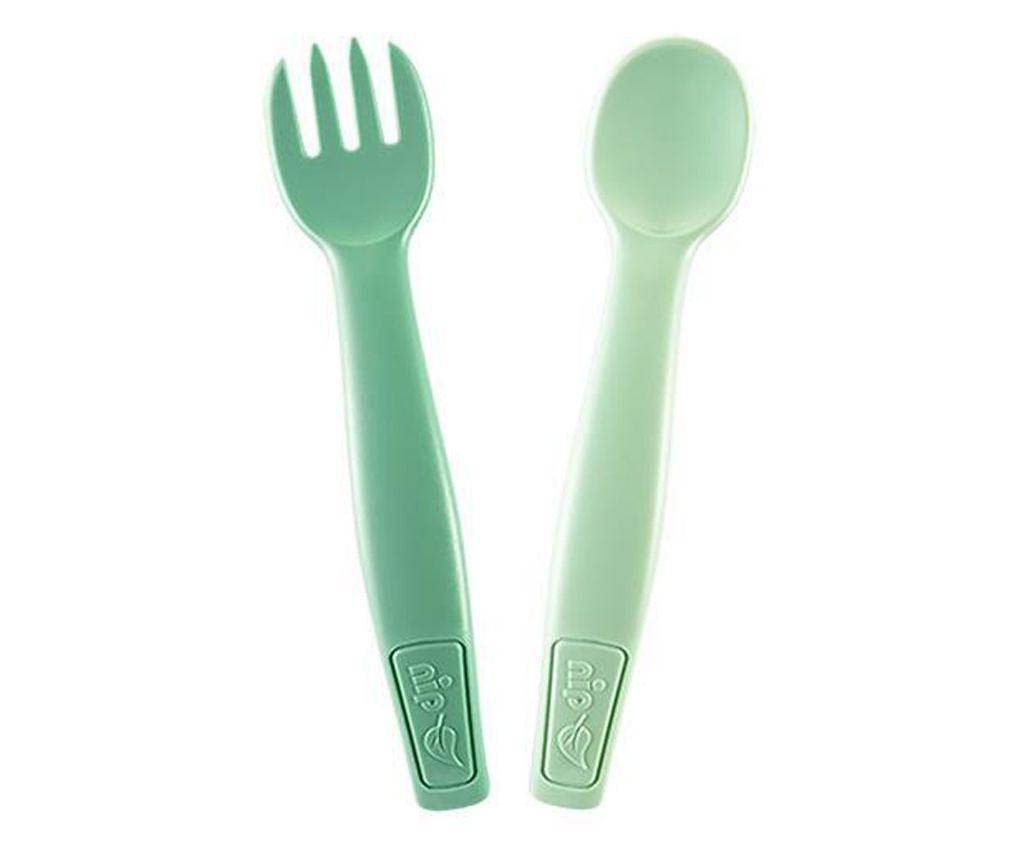 nip Jedilni pribor Eat Green za dojenčke, žlica in vilice, bioplastika, primerno za pomivalni stroj, 9+ mesecev - 2