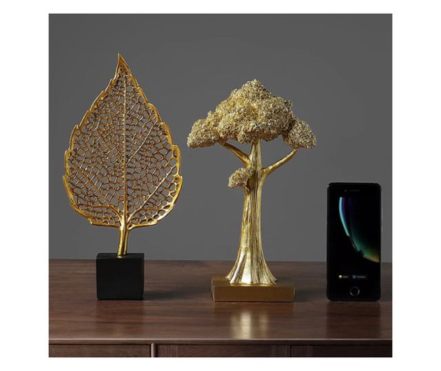 Decoratiune de masa, metalica, Leaf, 16x10x37cm, Auriu/Negru