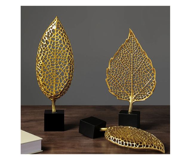 Decoratiune de masa, metalica, Leaf, 16x10x37cm, Auriu/Negru