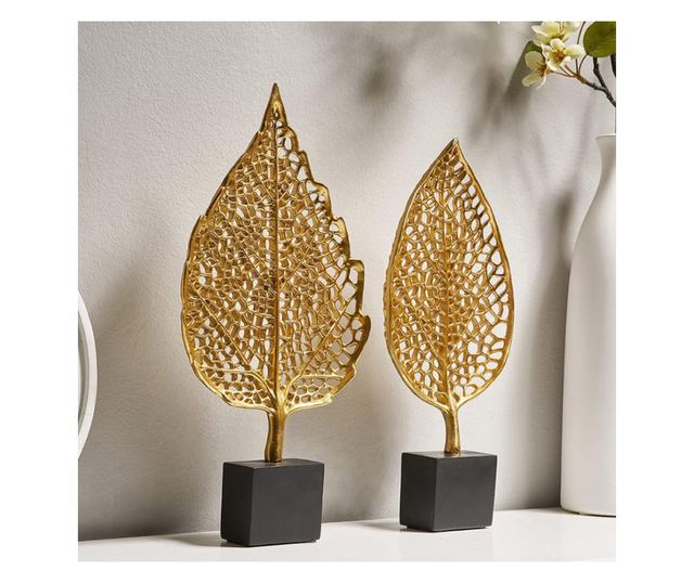 Decoratiune de masa, metalica, Leaf, 16x10x37cm, Auriu/Negru