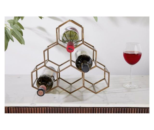 Suport 6 sticle de vin din metal auriu periat, Honeycomb, 34x17x35cm