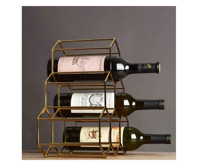 Suport 6 sticle de vin din metal auriu periat, Honeycomb, 34x17x35cm