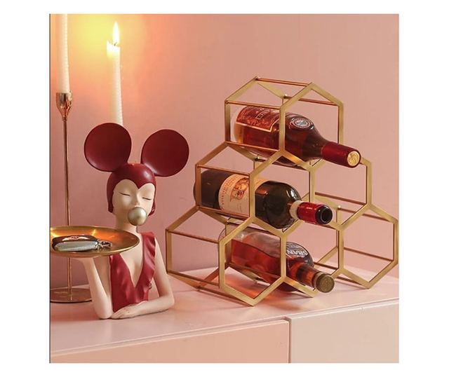 Suport 6 sticle de vin din metal auriu periat, Honeycomb, 34x17x35cm