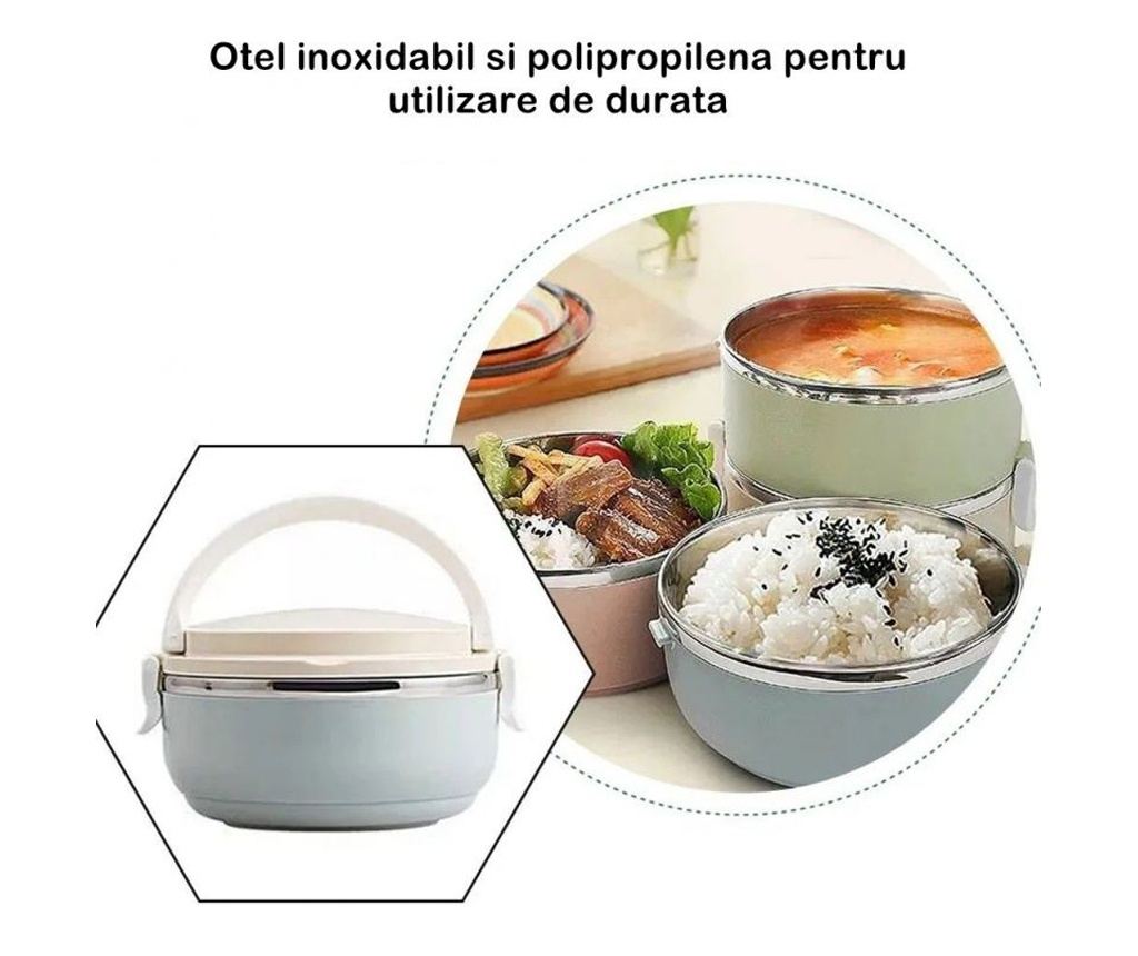 Set caserole alimentare, lunch box cu 2 recipiente din oțel inoxidabil, capacitate 1400 ml, prevăzut cu mâner și valvă de aerisi - 2