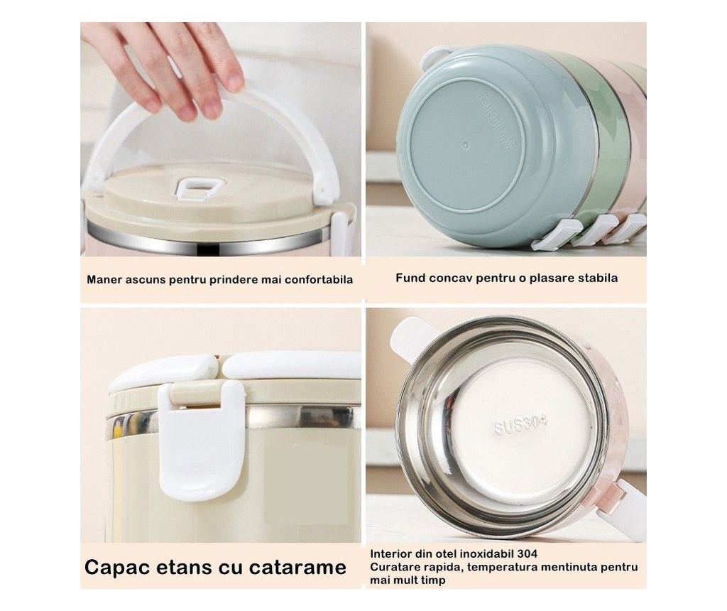 Set caserole alimentare, lunch box cu 2 recipiente din oțel inoxidabil, capacitate 1400 ml, prevăzut cu mâner și valvă de aerisi - 3