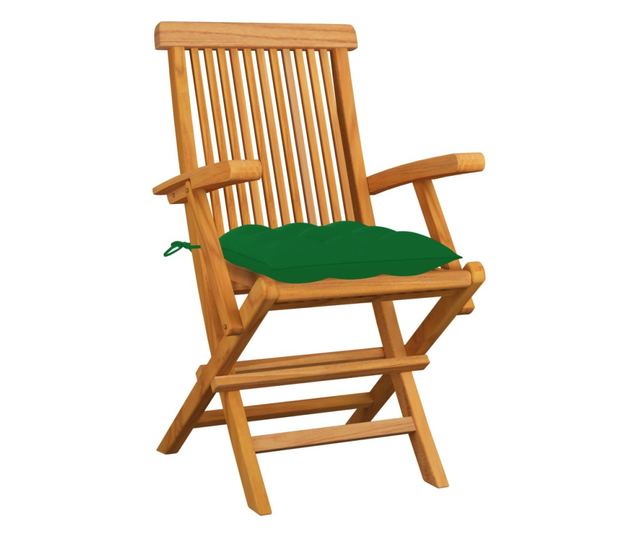 Градински столове с възглавници, 6 бр., Зелени, Масивно тиково дърво