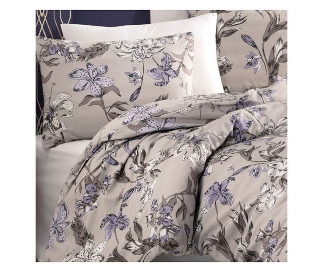 Lenjerie de pat dublu, Majoli Bahar Home Collection, bumbac ranforce, pentru 2 persoane, Fiori Lilac