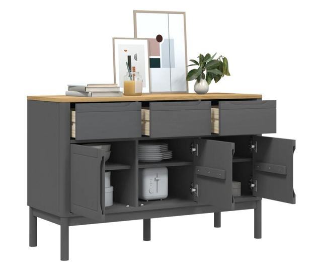 FLORO szürke tömör fenyőfa tálalószekrény 114 x 43 x 74 cm