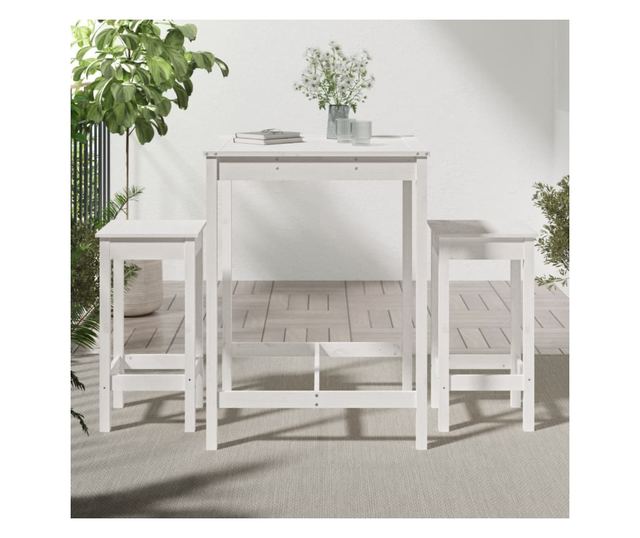 Градински бар комплект, 3 части, бял, масивна борова дървесина