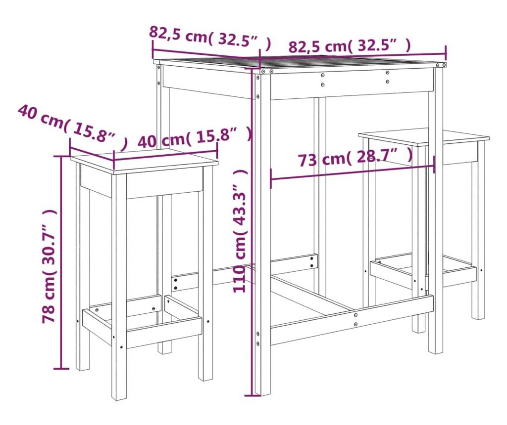 Set bar de grădină, 3 piese, alb, lemn masiv de pin - 9