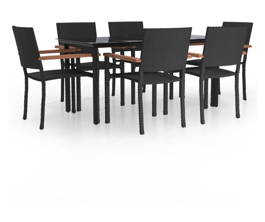 Градински комплект мебели, 7 части, Черен, Поли ратан - 2