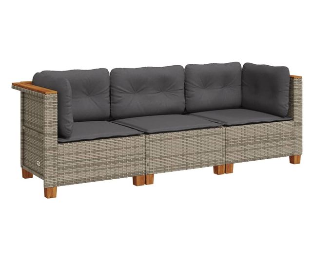 3 személyes szürke polyrattan kerti kanapé párnával
