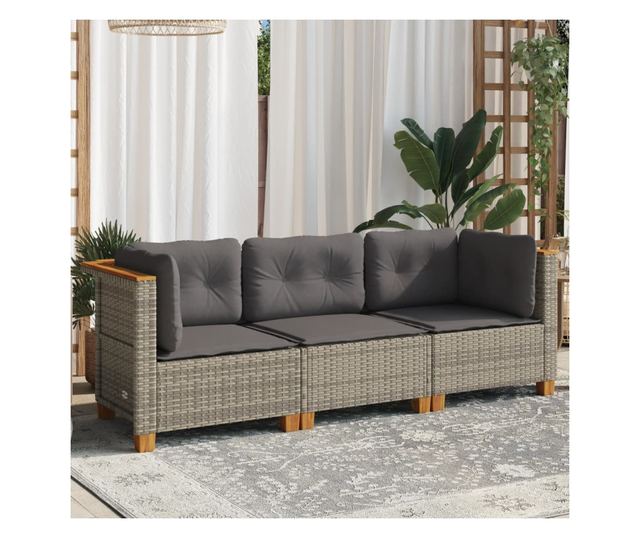 3 személyes szürke polyrattan kerti kanapé párnával