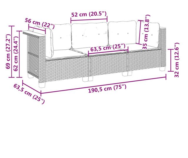 3 személyes szürke polyrattan kerti kanapé párnával