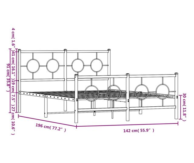 fekete fém ágykeret fej- és lábtámlával 135 x 190 cm