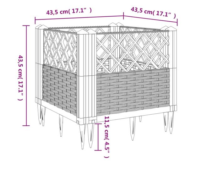 fehér polipropilén kerti virágláda cövekekkel 42,5x42,5x28,5 cm