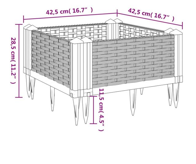 szürke PP kerti virágláda cövekekkel 42,5 x 42,5 x 28,5 cm