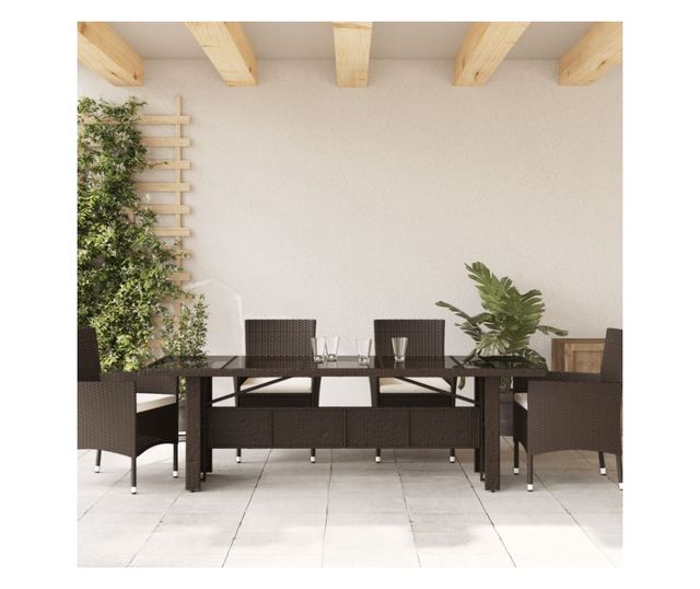 barna polyrattan üveglapos kerti asztal 240 x 90 x 75 cm