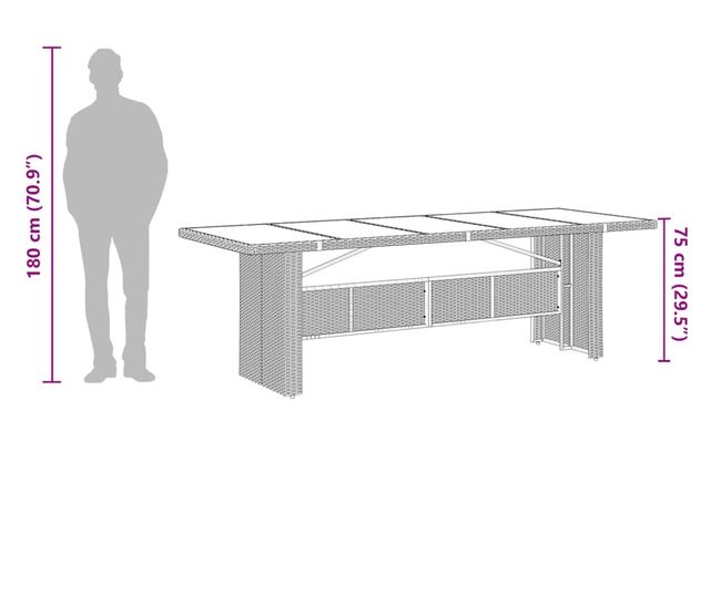 barna polyrattan üveglapos kerti asztal 240 x 90 x 75 cm