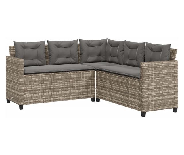 L-alakú szürke polyrattan kerti kanapé asztallal és párnákkal