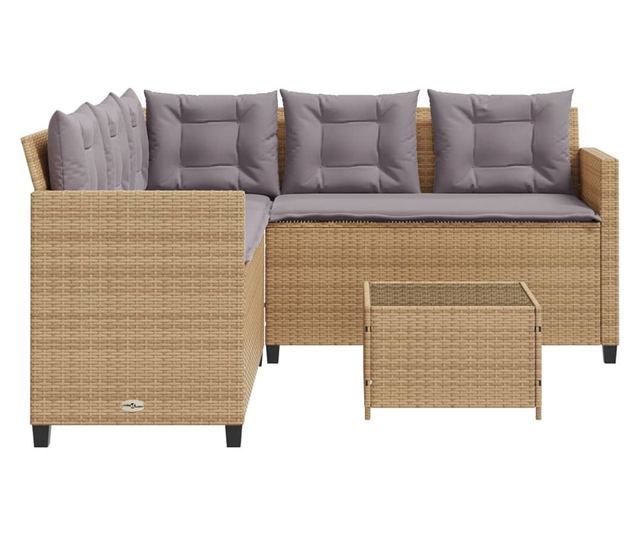 L-alakú bézs polyrattan kerti kanapé asztallal és párnával