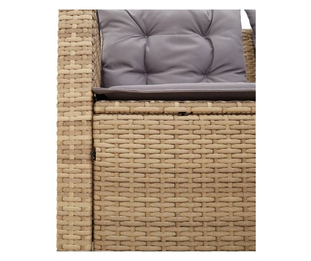 L-alakú bézs polyrattan kerti kanapé asztallal és párnával