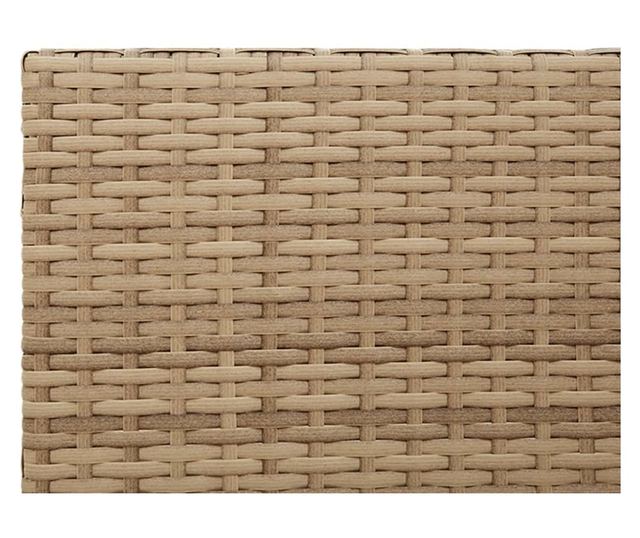 L-alakú bézs polyrattan kerti kanapé asztallal és párnával