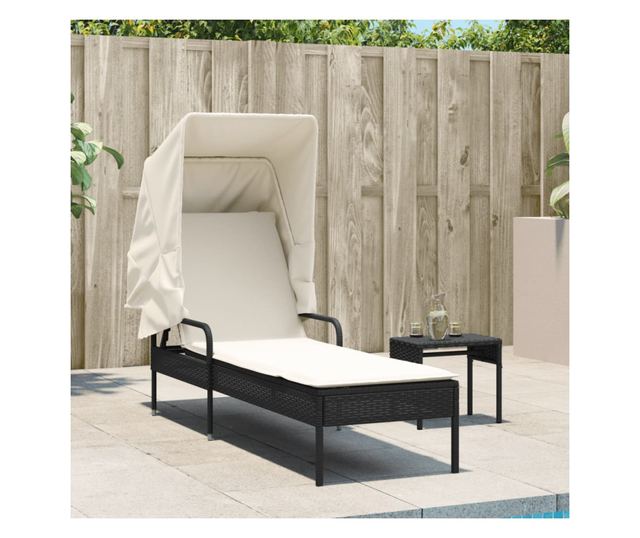 fekete polyrattan napozóágy tetővel
