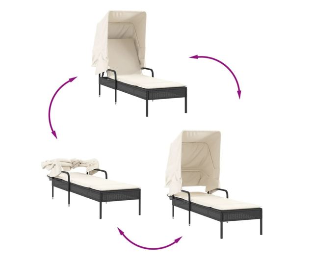 fekete polyrattan napozóágy tetővel