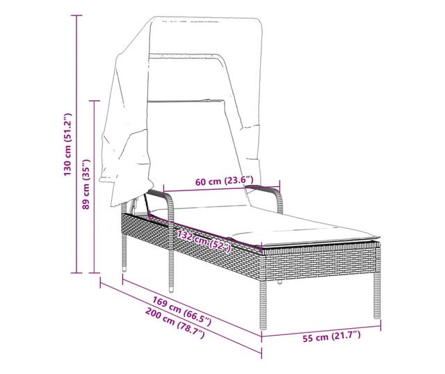 fekete polyrattan napozóágy tetővel